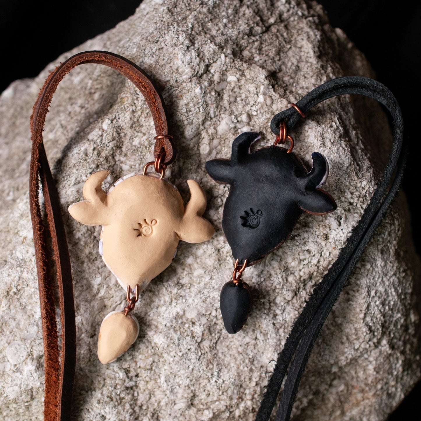 White or Brown Bison Buffalo Necklace on Leather: Handmade Western Symbolic.