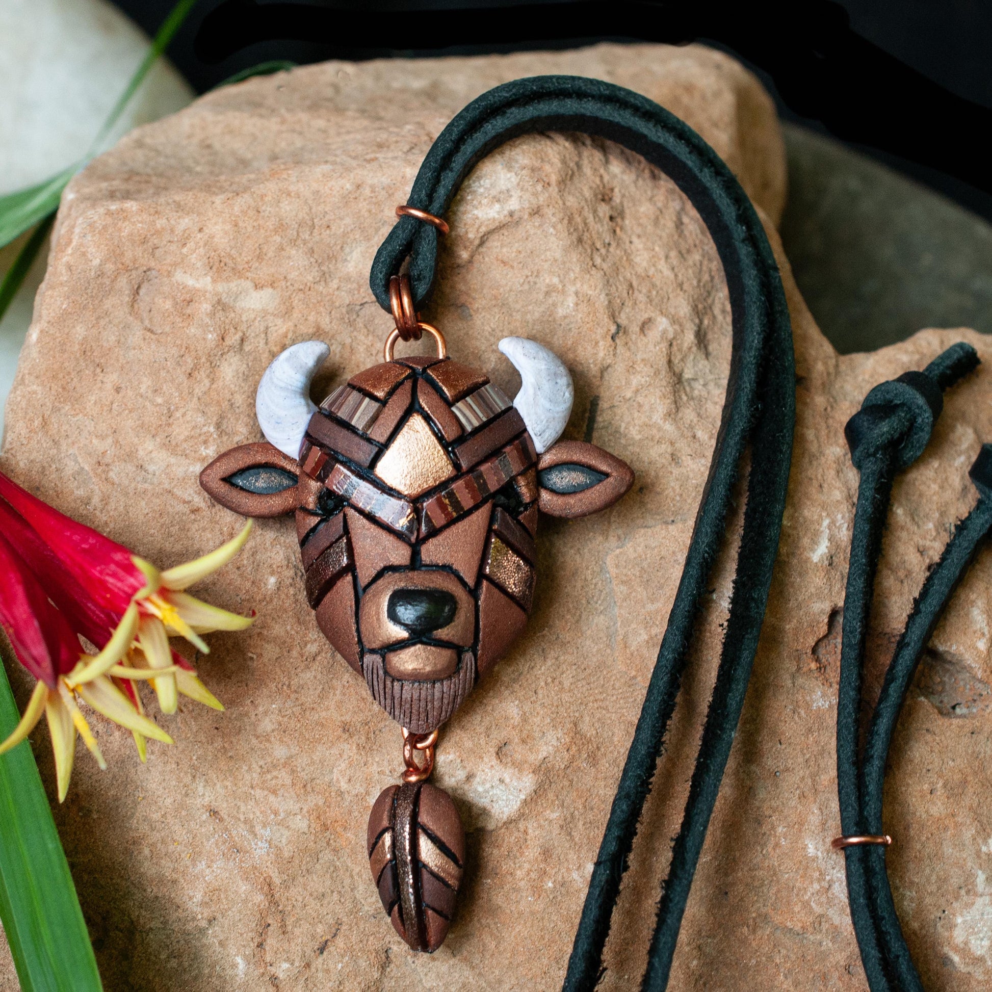 White or Brown Bison Buffalo Necklace on Leather: Handmade Western Symbolic Gift.