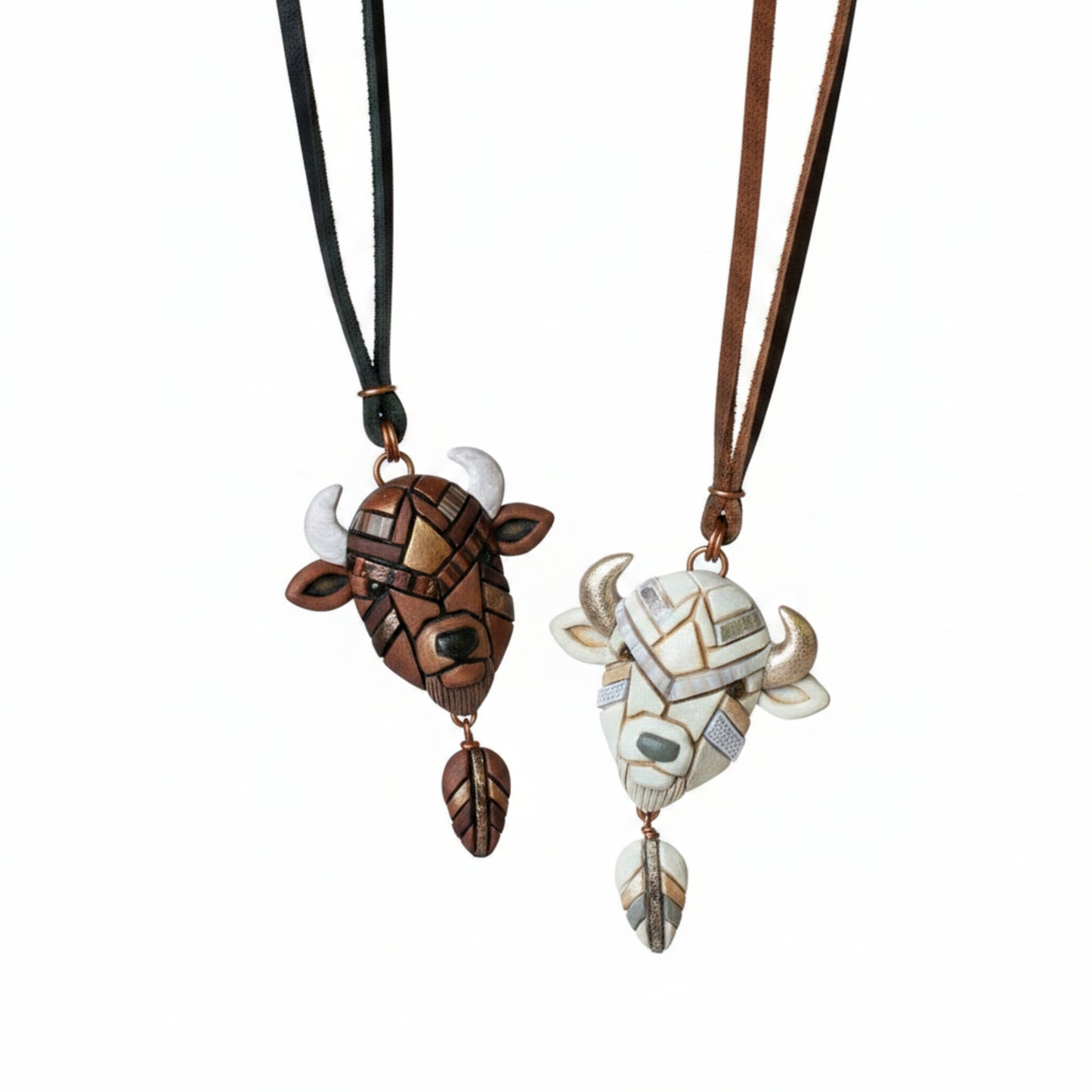 White or Brown Bison Buffalo Necklace on Leather: Handmade Western Symbolic Gift