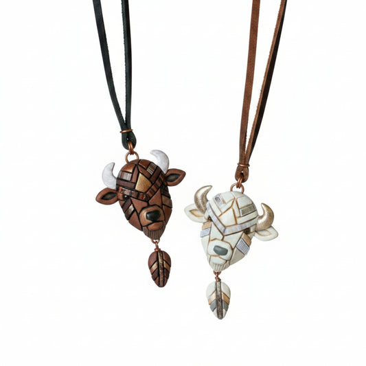 White or Brown Bison Buffalo Necklace on Leather: Handmade Western Symbolic Gift