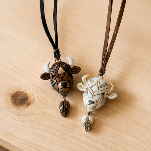White or Brown Bison Buffalo Necklace on Leather: Handmade Western Symbolic Gift
