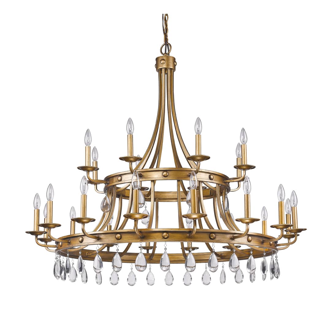 Krista 24 Light 48" Wide 2 Tier Chandelier with Crystal Accents and Studded Antique Gold Bands