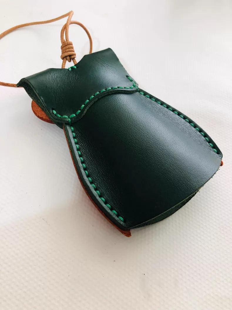 Owl Pouch Pendant for Adults – Green Leather Handmade Key Holder – 9.5 cm