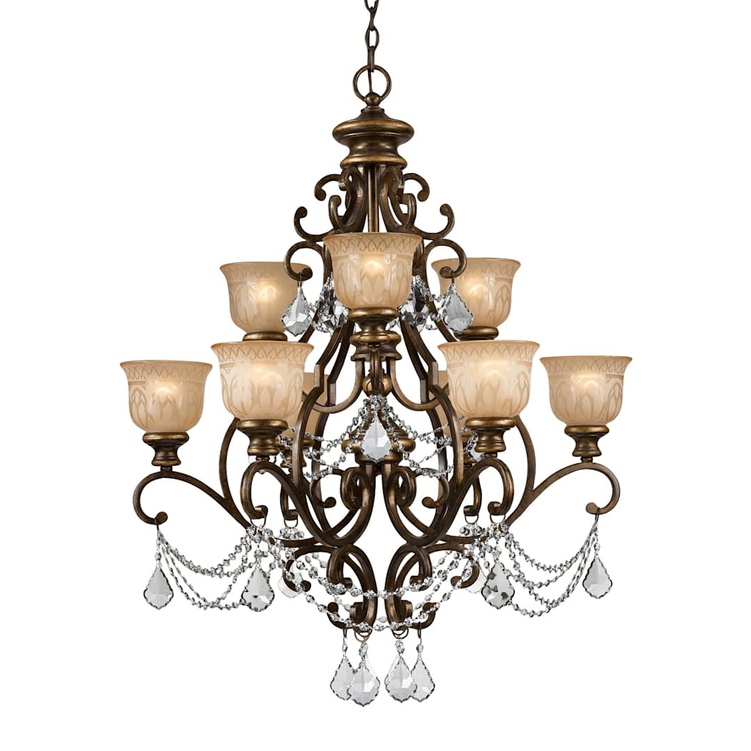 Norwalk 9 Light 34" Wide Crystal Chandelier with Patterned Glass Shades and Swarovski Strass Crystal Accents