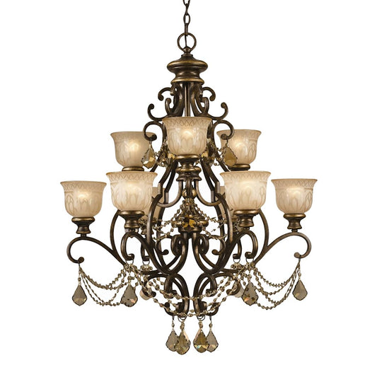 Norwalk 9 Light 34" Wide Crystal Chandelier with Patterned Glass Shades and Golden Teak Swarovski Crystal Accents