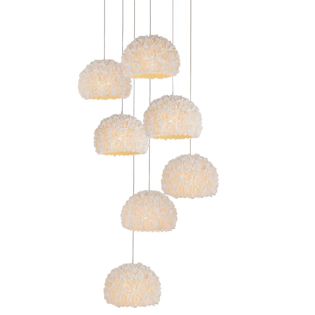 Virtu 7 Light 13" Wide Wrought Iron Multi Light Pendant with Clamrose Shell Shades