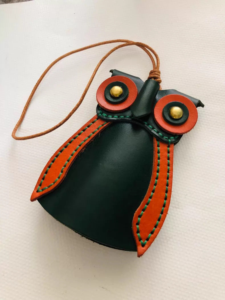 Owl Pouch Pendant for Adults – Green Leather Handmade Key Holder – 9.5 cm
