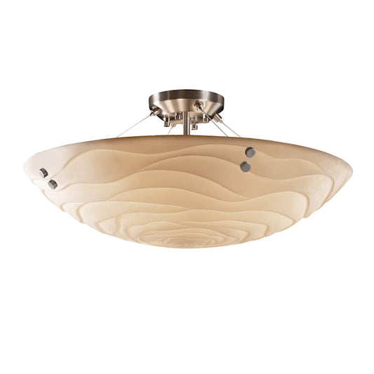 Porcelina 8 Light 51" Wide Round Semi-Flush Bowl Ceiling Fixture with Waves Shades and Cylindrical Finials
