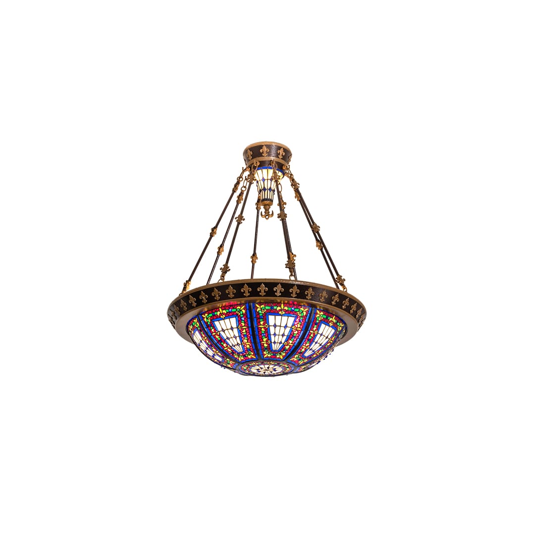 Fleur-de-lis 4 Light 28" Wide Semi-Flush Stained Glass Bowl Ceiling Fixture - Copper Vein Bake / Nu Gold Finish