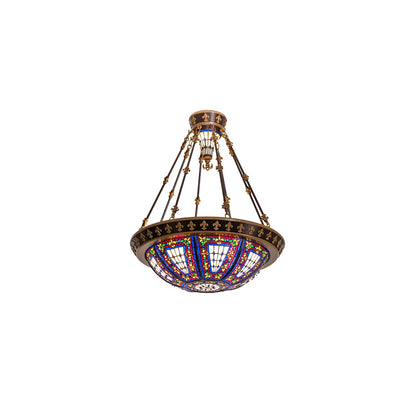 Fleur-de-lis 4 Light 28" Wide Semi-Flush Stained Glass Bowl Ceiling Fixture - Copper Vein Bake / Nu Gold Finish