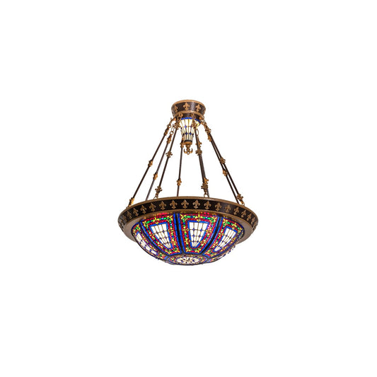 Fleur-de-lis 4 Light 28" Wide Semi-Flush Stained Glass Bowl Ceiling Fixture - Copper Vein Bake / Nu Gold Finish