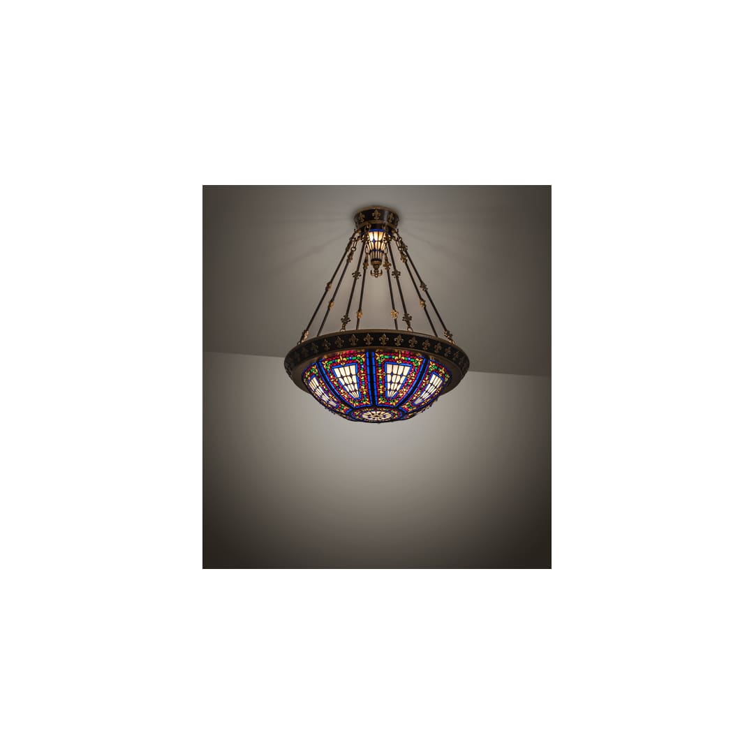 Fleur-de-lis 4 Light 28" Wide Semi-Flush Stained Glass Bowl Ceiling Fixture - Copper Vein Bake / Nu Gold Finish