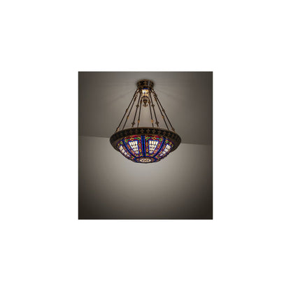 Fleur-de-lis 4 Light 28" Wide Semi-Flush Stained Glass Bowl Ceiling Fixture - Copper Vein Bake / Nu Gold Finish