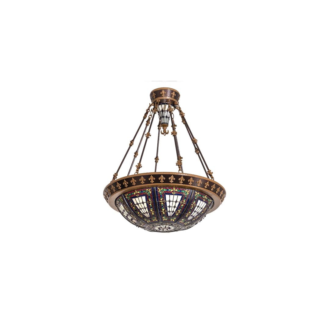 Fleur-de-lis 4 Light 28" Wide Semi-Flush Stained Glass Bowl Ceiling Fixture - Copper Vein Bake / Nu Gold Finish