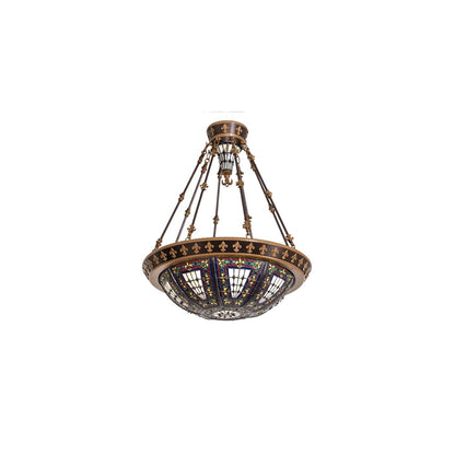 Fleur-de-lis 4 Light 28" Wide Semi-Flush Stained Glass Bowl Ceiling Fixture - Copper Vein Bake / Nu Gold Finish
