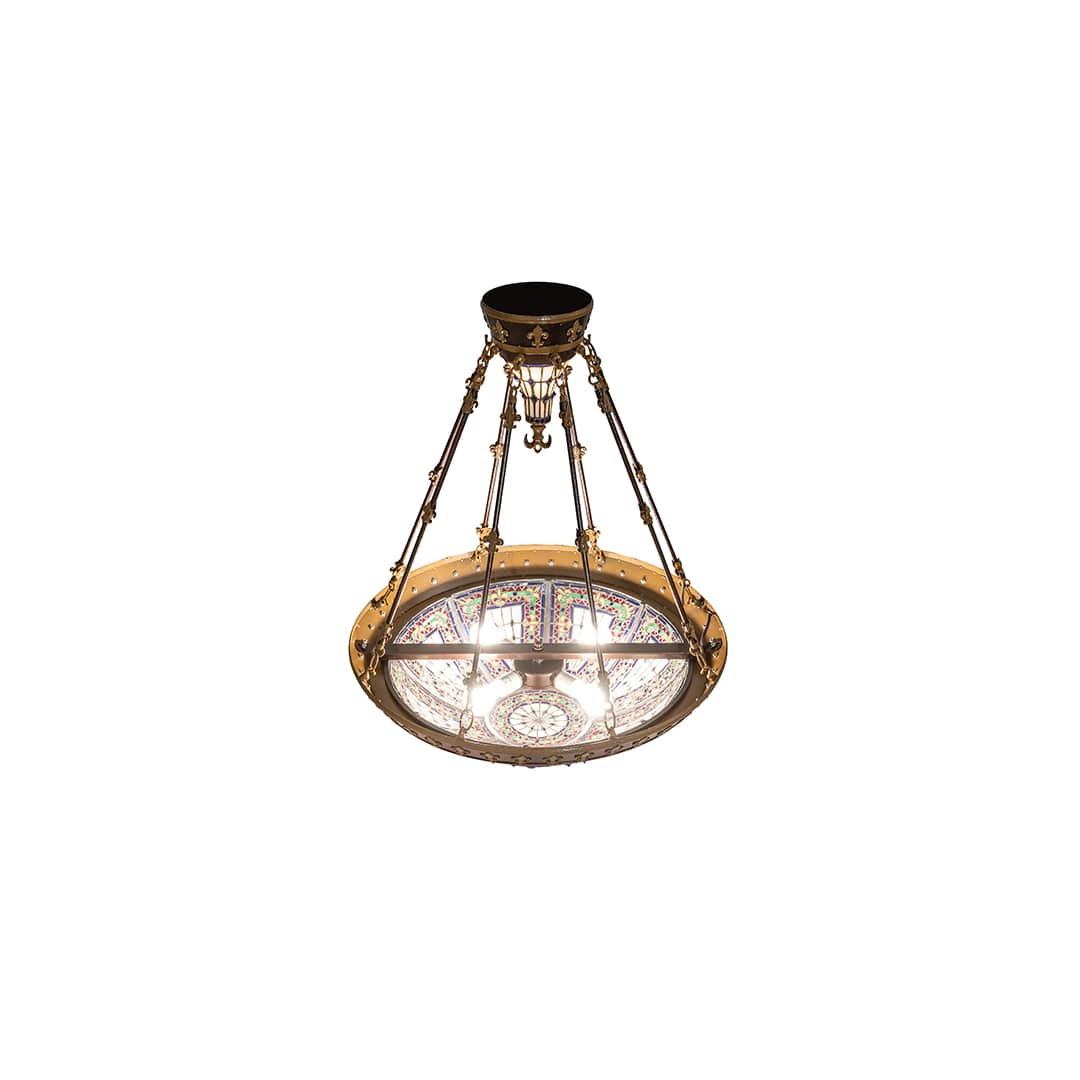 Fleur-de-lis 4 Light 28" Wide Semi-Flush Stained Glass Bowl Ceiling Fixture - Copper Vein Bake / Nu Gold Finish