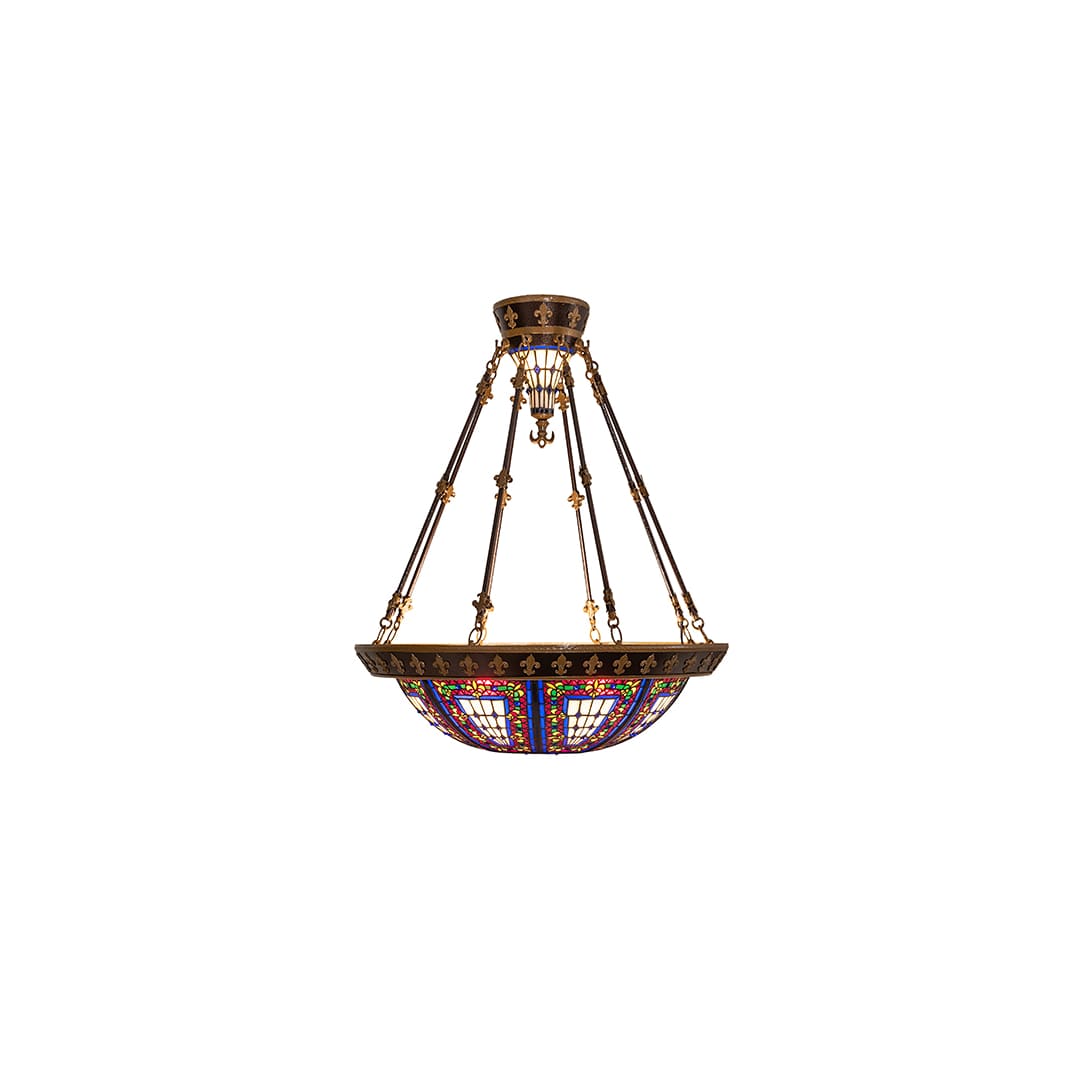 Fleur-de-lis 4 Light 28" Wide Semi-Flush Stained Glass Bowl Ceiling Fixture - Copper Vein Bake / Nu Gold Finish