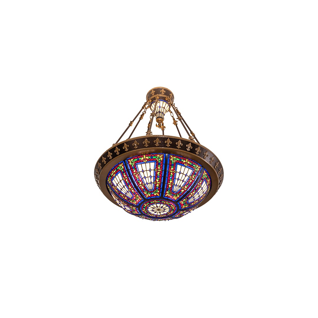 Fleur-de-lis 4 Light 28" Wide Semi-Flush Stained Glass Bowl Ceiling Fixture - Copper Vein Bake / Nu Gold Finish