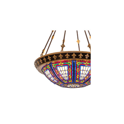 Fleur-de-lis 4 Light 28" Wide Semi-Flush Stained Glass Bowl Ceiling Fixture - Copper Vein Bake / Nu Gold Finish