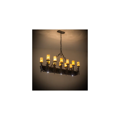 Tudor 15 Light 60" Wide Pillar Candle Style Chandelier with Amber Jadestone Shades - Wrought Iron Finish