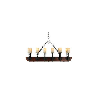 Tudor 15 Light 60" Wide Pillar Candle Style Chandelier with Amber Jadestone Shades - Wrought Iron Finish