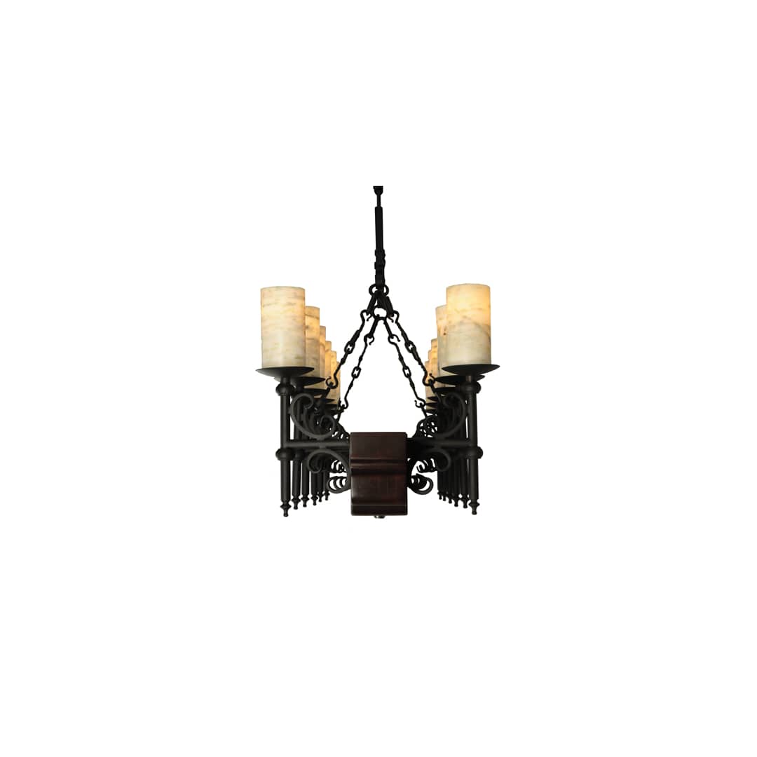 Tudor 15 Light 60" Wide Pillar Candle Style Chandelier with Amber Jadestone Shades - Wrought Iron Finish