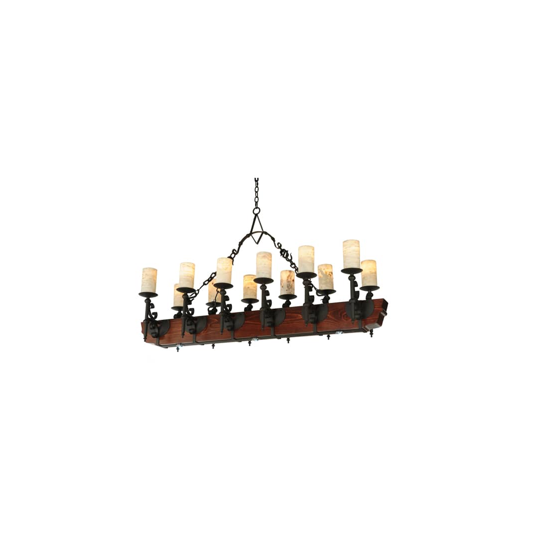 Tudor 15 Light 60" Wide Pillar Candle Style Chandelier with Amber Jadestone Shades - Wrought Iron Finish