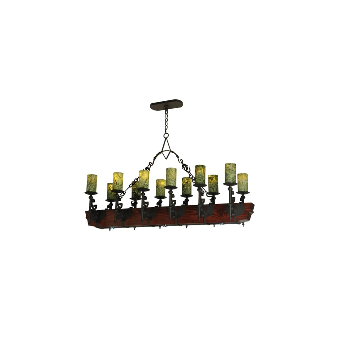 Tudor 15 Light 60" Wide Pillar Candle Style Chandelier with Green Jadestone Shades- Wrought Iron Finish