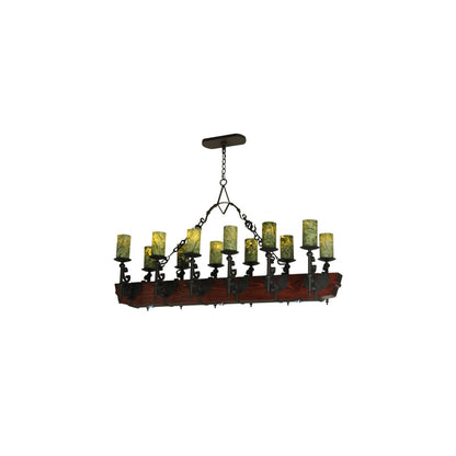 Tudor 15 Light 60" Wide Pillar Candle Style Chandelier with Green Jadestone Shades- Wrought Iron Finish