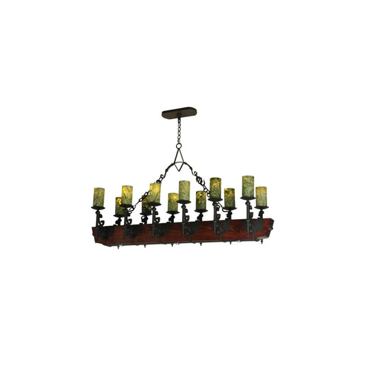 Tudor 15 Light 60" Wide Pillar Candle Style Chandelier with Green Jadestone Shades- Wrought Iron Finish