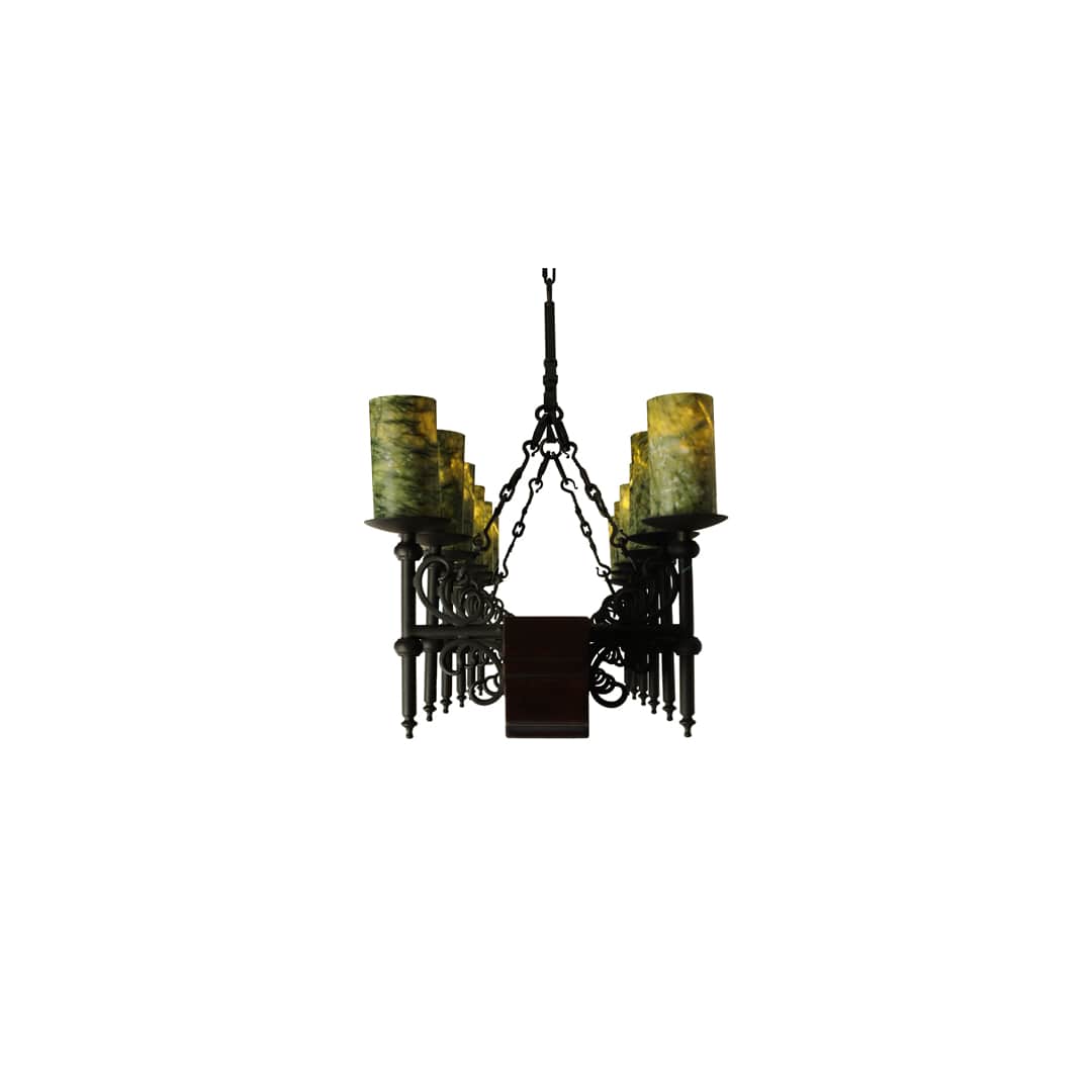 Tudor 15 Light 60" Wide Pillar Candle Style Chandelier with Green Jadestone Shades- Wrought Iron Finish