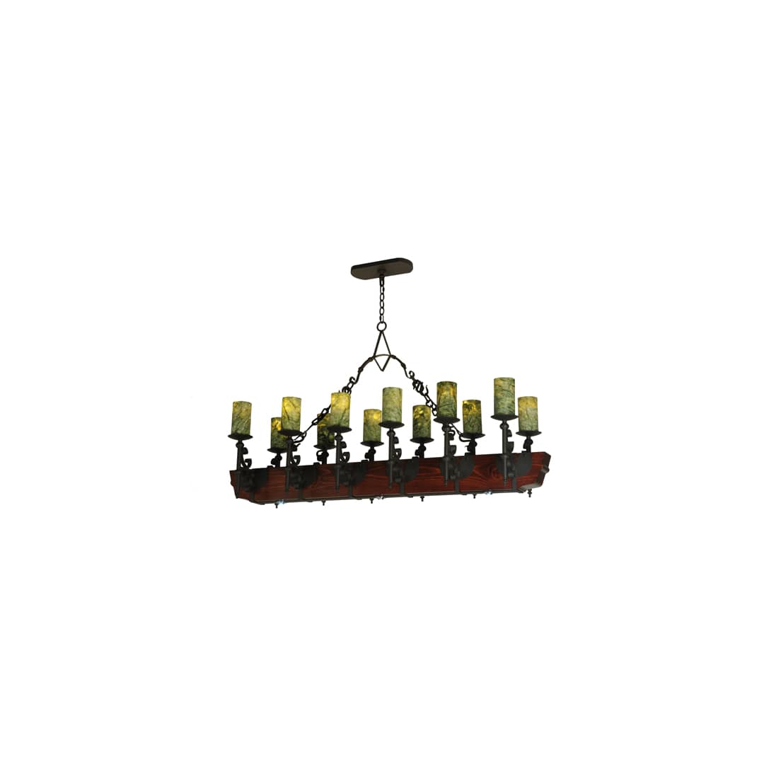 Tudor 15 Light 60" Wide Pillar Candle Style Chandelier with Green Jadestone Shades- Wrought Iron Finish