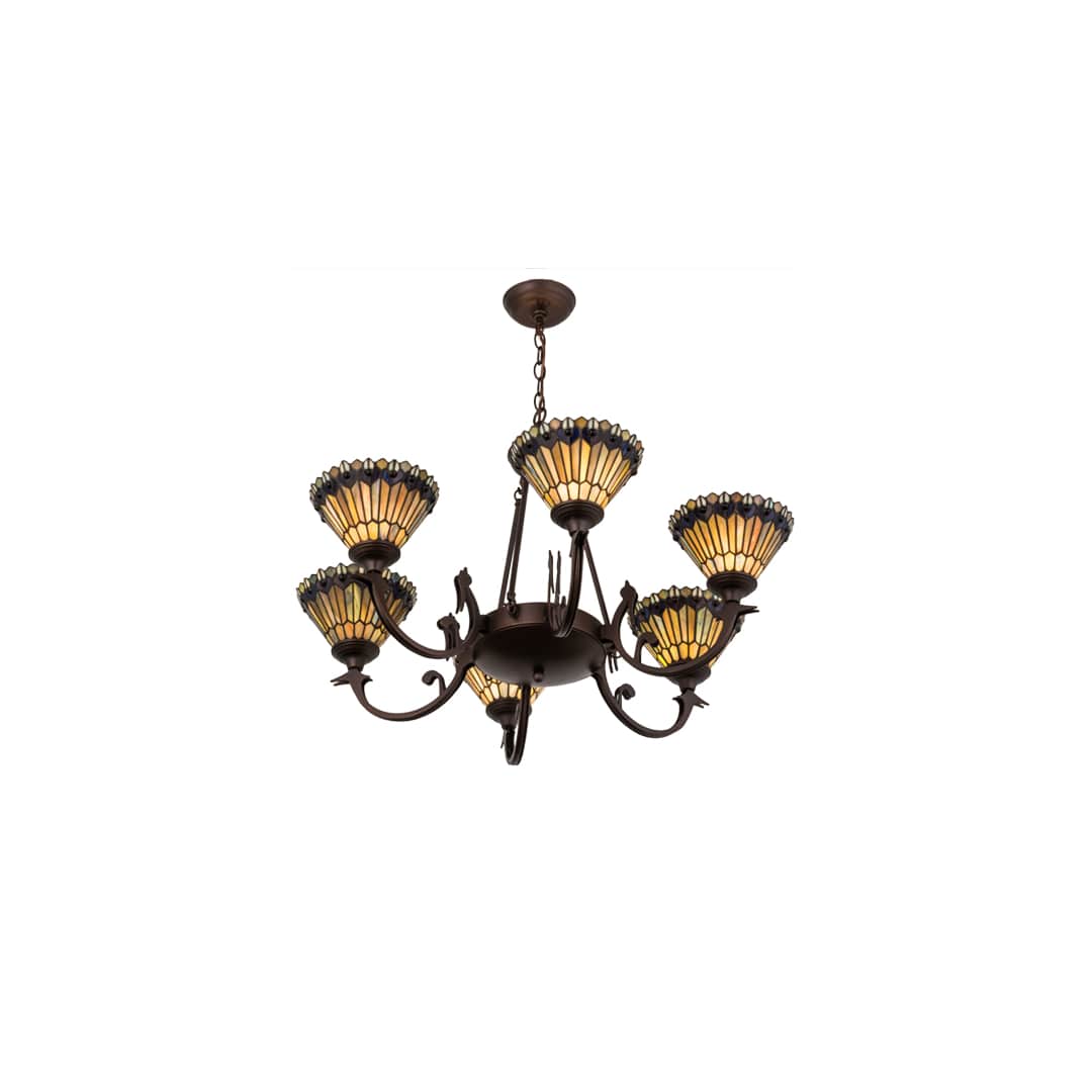 Tiffany Jeweled Peacock 6 Light 34" Wide Chandelier