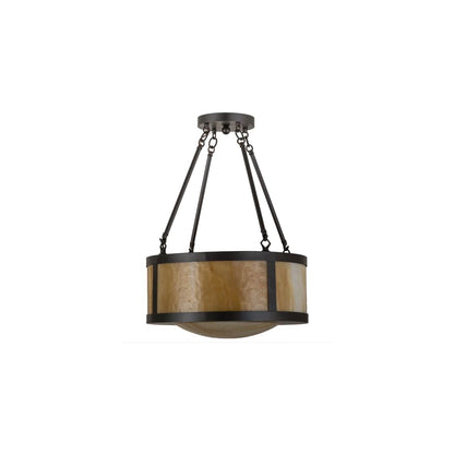 Pomona 4 Light 18" Wide Semi-Flush Drum Ceiling Fixture with Beige Glass Shade - Craftsman Brown Finish
