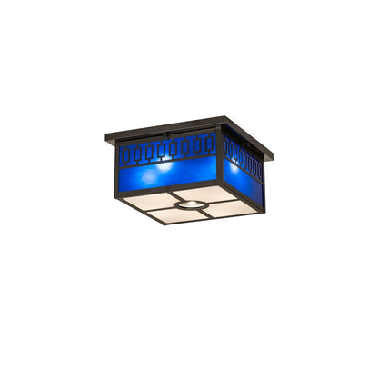 Kungsholm 4 Light 26" Wide Flush Mount Square Ceiling Fixture with Blue Glass Shade - Craftsman Brown Finish