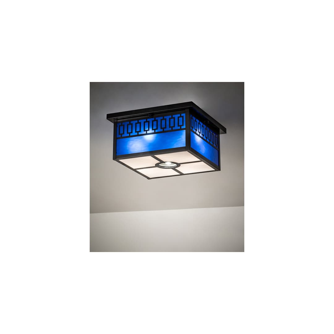 Kungsholm 4 Light 26" Wide Flush Mount Square Ceiling Fixture with Blue Glass Shade - Craftsman Brown Finish