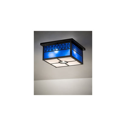Kungsholm 4 Light 26" Wide Flush Mount Square Ceiling Fixture with Blue Glass Shade - Craftsman Brown Finish