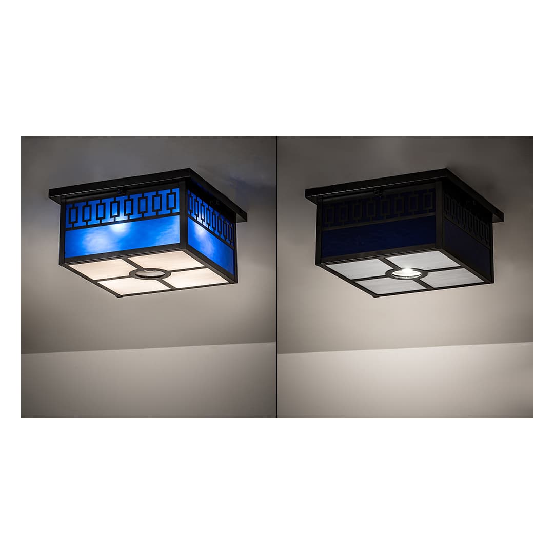 Kungsholm 4 Light 26" Wide Flush Mount Square Ceiling Fixture with Blue Glass Shade - Craftsman Brown Finish