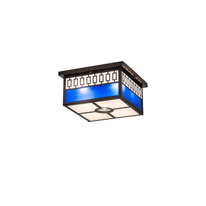 Kungsholm 4 Light 26" Wide Flush Mount Square Ceiling Fixture with Blue and White Glass Shade - Craftsman Brown Finish