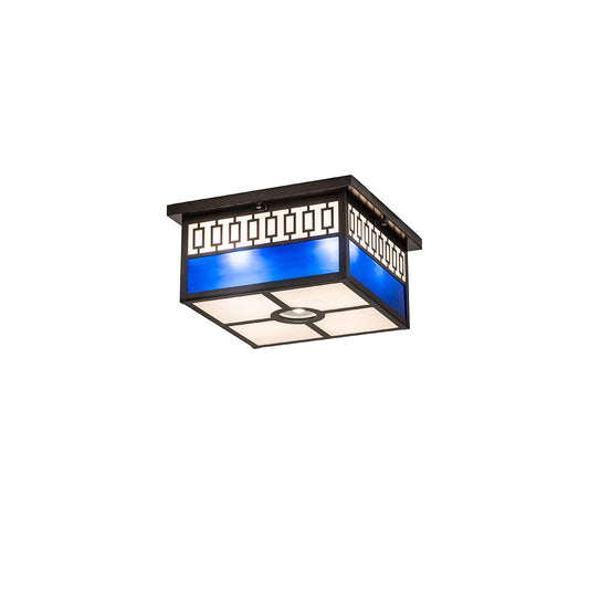 Kungsholm 4 Light 26" Wide Flush Mount Square Ceiling Fixture with Blue and White Glass Shade - Craftsman Brown Finish