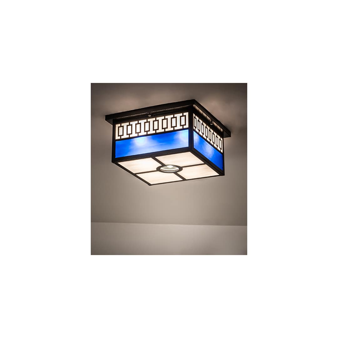 Kungsholm 4 Light 26" Wide Flush Mount Square Ceiling Fixture with Blue and White Glass Shade - Craftsman Brown Finish