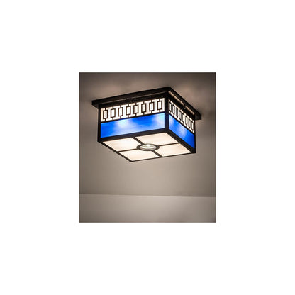 Kungsholm 4 Light 26" Wide Flush Mount Square Ceiling Fixture with Blue and White Glass Shade - Craftsman Brown Finish