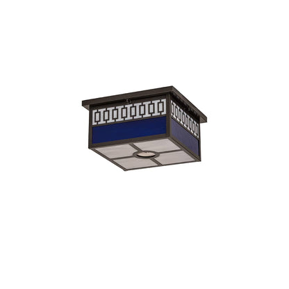 Kungsholm 4 Light 26" Wide Flush Mount Square Ceiling Fixture with Blue and White Glass Shade - Craftsman Brown Finish