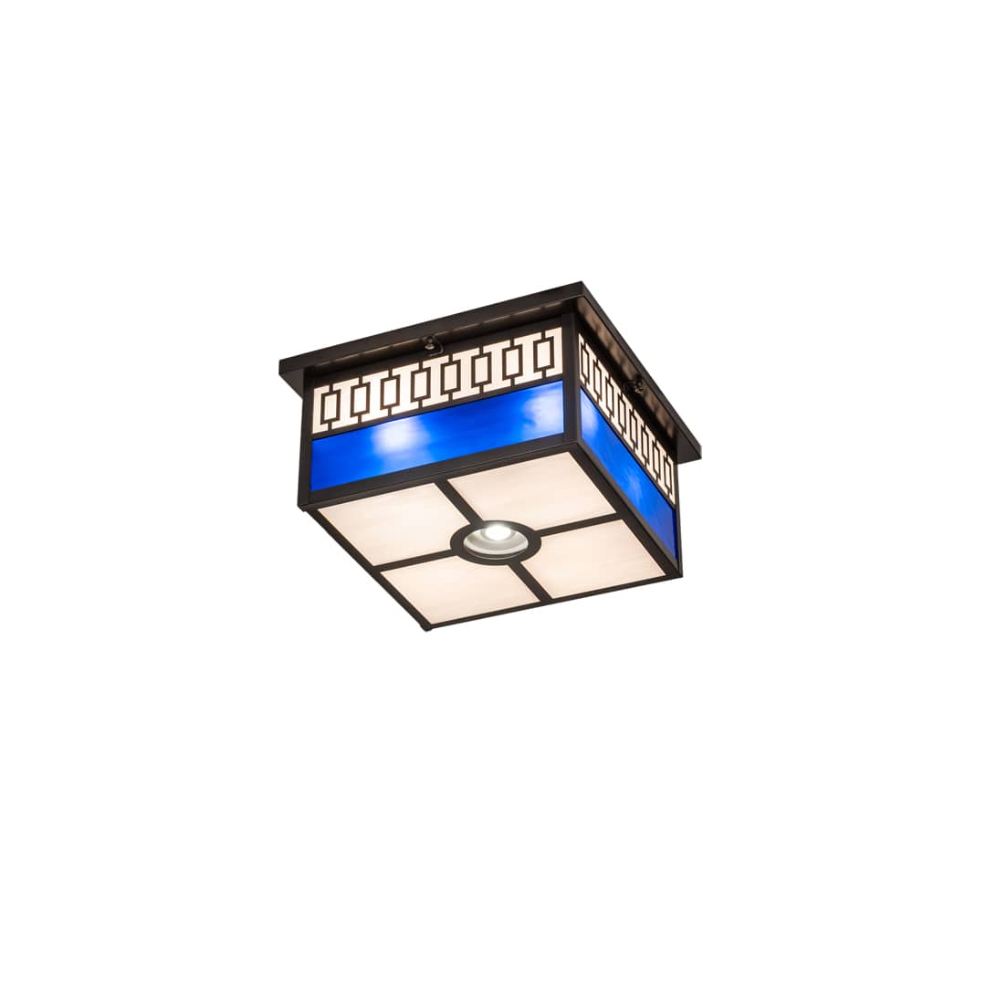 Kungsholm 4 Light 26" Wide Flush Mount Square Ceiling Fixture with Blue and White Glass Shade - Craftsman Brown Finish