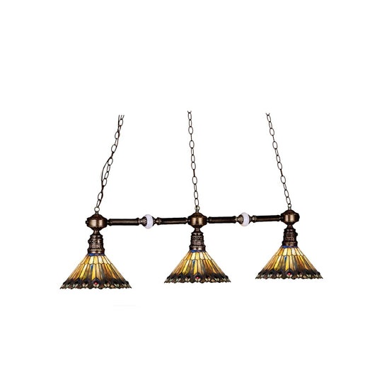 Tiffany Jeweled Peacock 3 Light 45" Wide Linear Chandelier with Tiffany Glass Shade