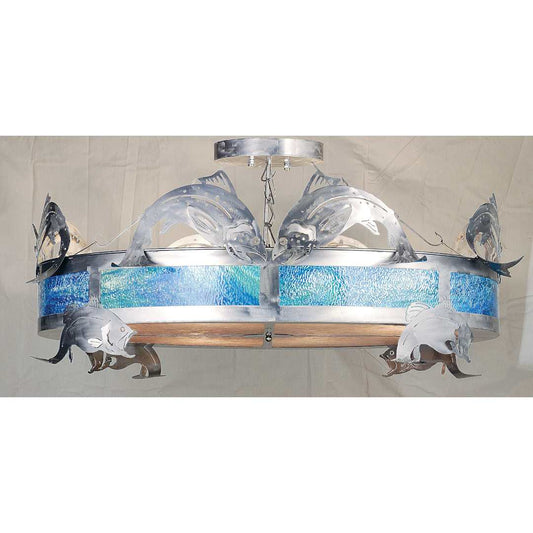 Trout 8 Light 65-1/2" Wide Semi Flush Drum Ceiling Fixture with Multi-colored Glass Shade