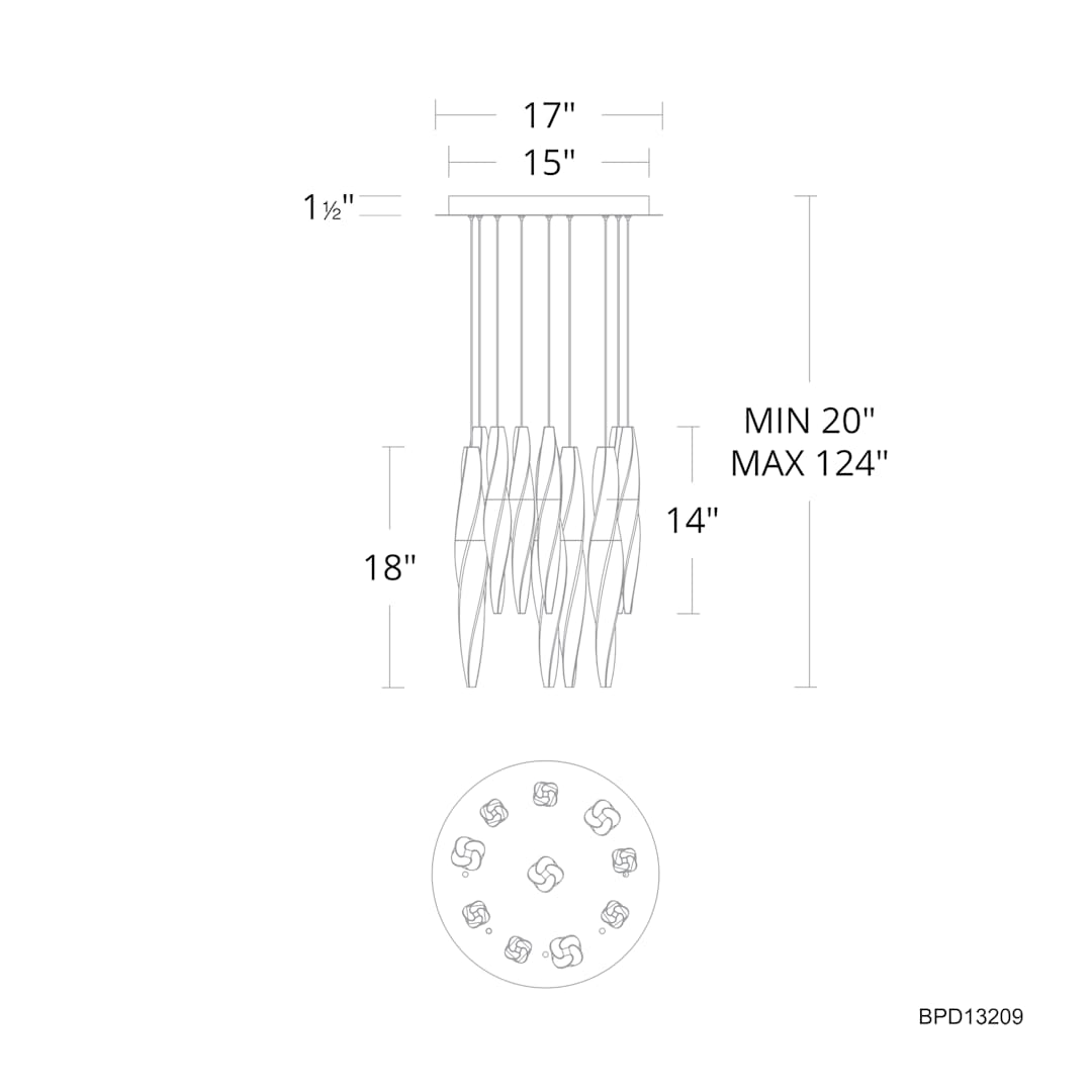 Kindjal 9 Light 17" Wide Switchable Color Temperature LED Optic Crystal Multi Pendant